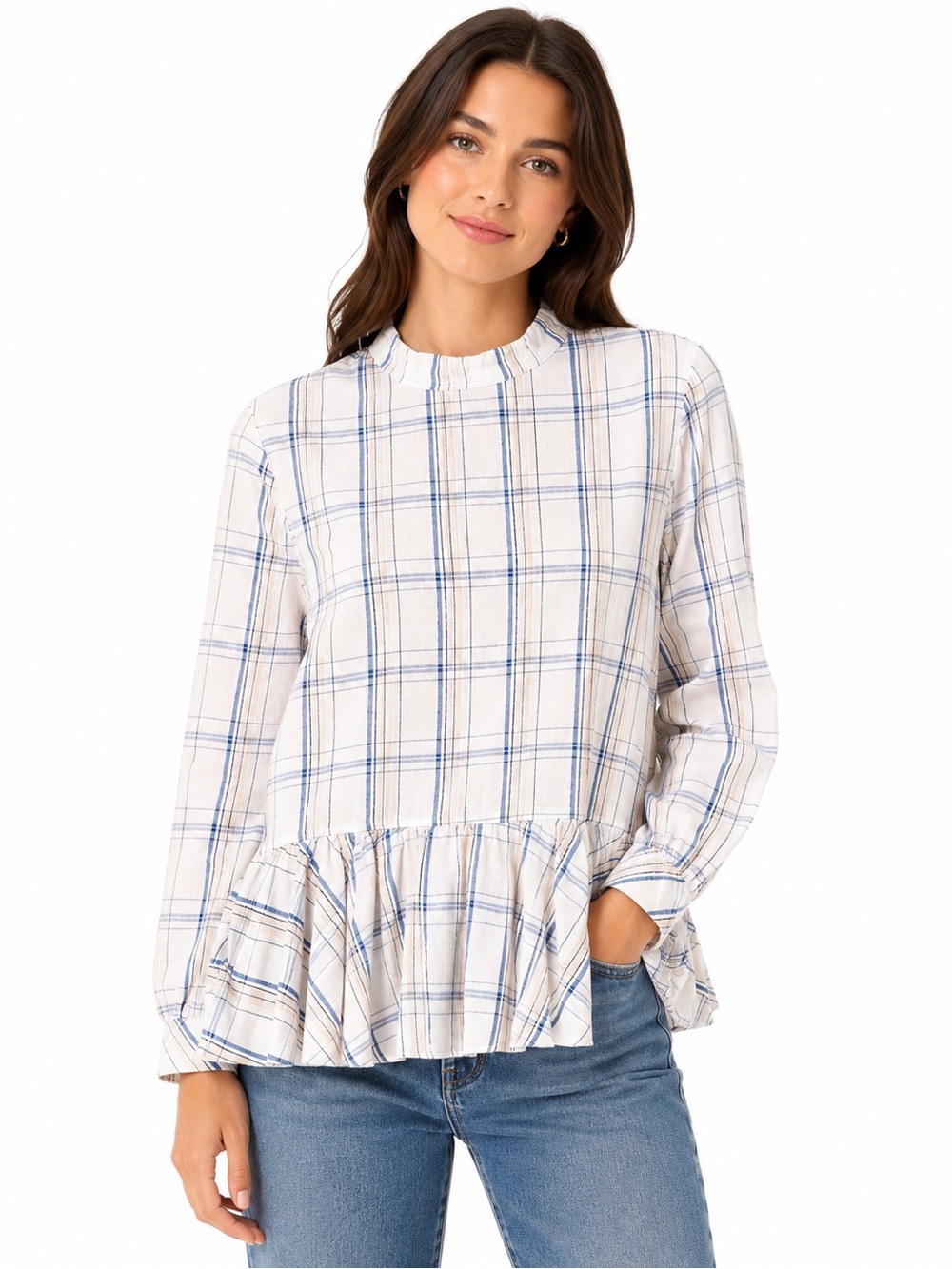 Maeve Size 4 Oversized Plaid Ruffle Hem Women's Top‎